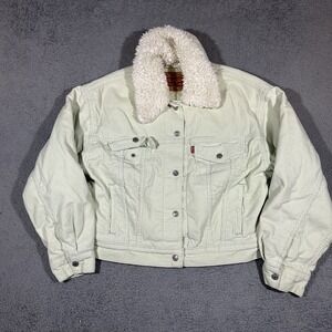 Levi's Corduroy Jacket Womens XS Green Sherpa Collar Lined Button Front Cropped